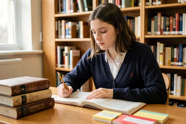 Lycéenne qui révise la littérature essai au Bac de français dans une bibliothèque scolaire avec des livres et des notes manuscrites
