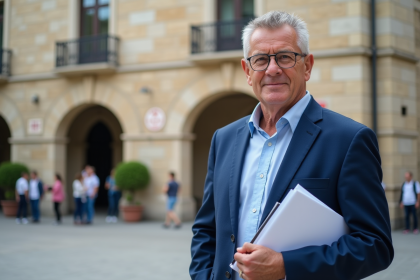 Maire en costume bleu devant la mairie avec plans urbains