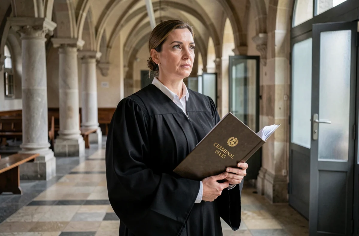Avocate en défense pénale en robe d'avocat dans le couloir d'un palais de justice à Toulon