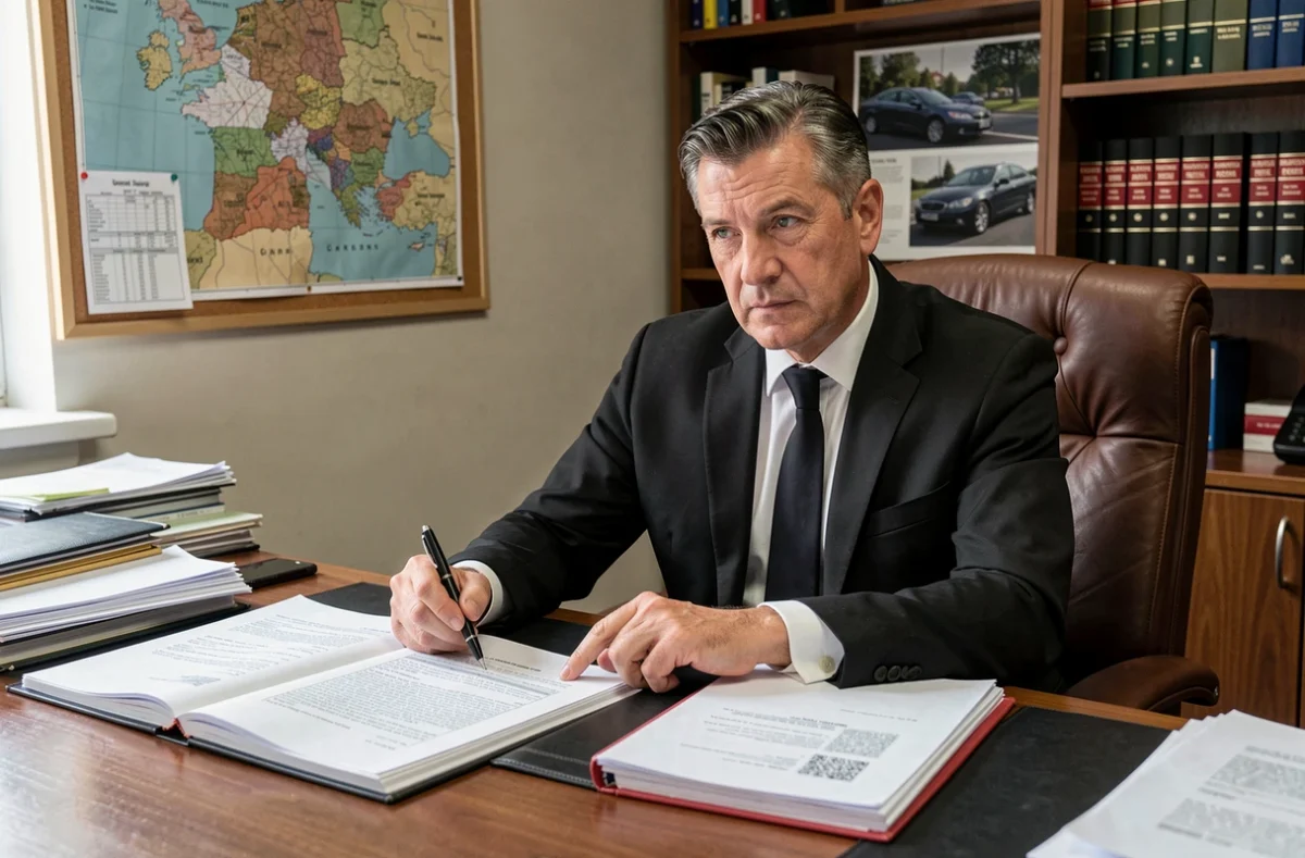 Avocat en droit routier et droit immobilier consultant des dossiers dans son cabinet à Toulon
