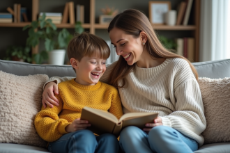 Maman et son enfant rient sur un canapé cosy