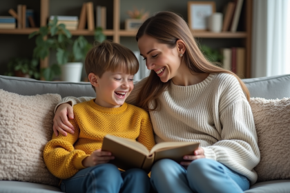 Maman et son enfant rient sur un canapé cosy
