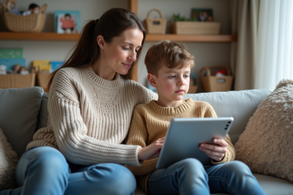 Maman avec son enfant jouant sur une tablette dans un salon moderne