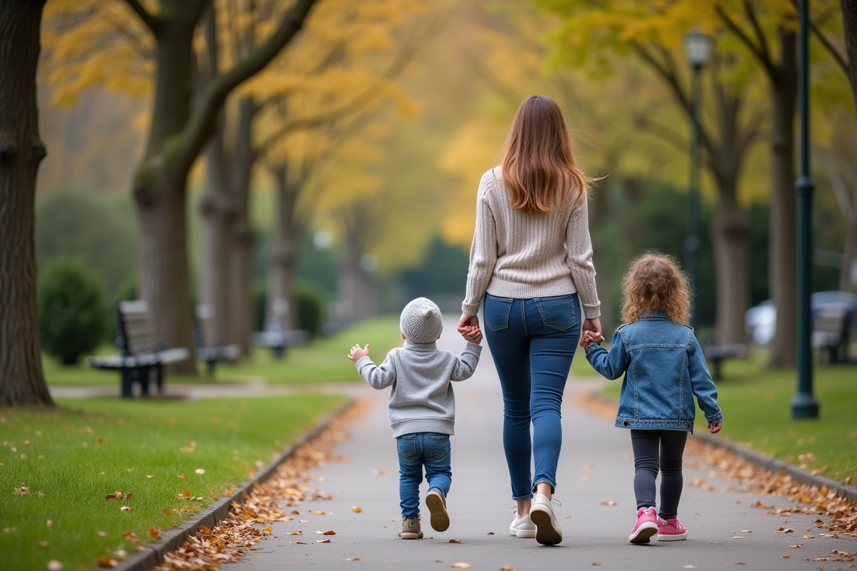 Maman marche avec ses enfants dans un parc en automne