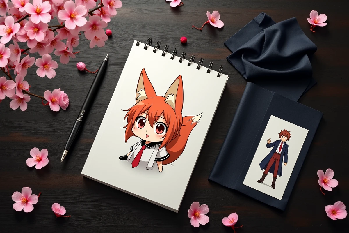 Mise en scène flat-lay d'un manga de villain académie démoniaque avec accessoires sur bureau en bois sombre