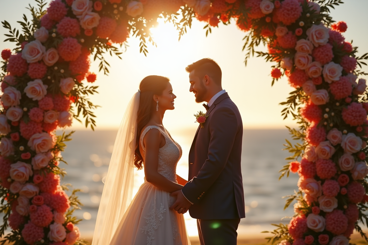 Voeux de mariage sous un arc floral coloré