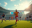 Match de rugby en cours avec joueurs en maillots colorés sur le terrain ensoleille
