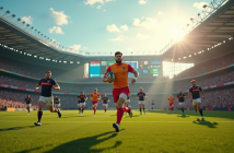 Match de rugby en cours avec joueurs en maillots colorés sur le terrain ensoleille