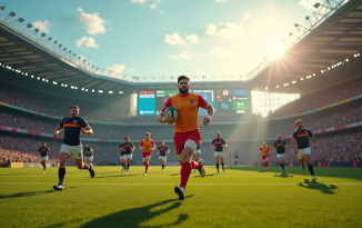 Match de rugby en cours avec joueurs en maillots colorés sur le terrain ensoleille