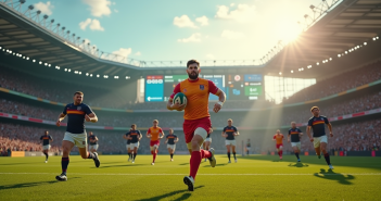 Match de rugby en cours avec joueurs en maillots colorés sur le terrain ensoleille