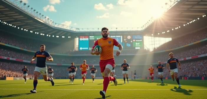 Match de rugby en cours avec joueurs en maillots colorés sur le terrain ensoleille