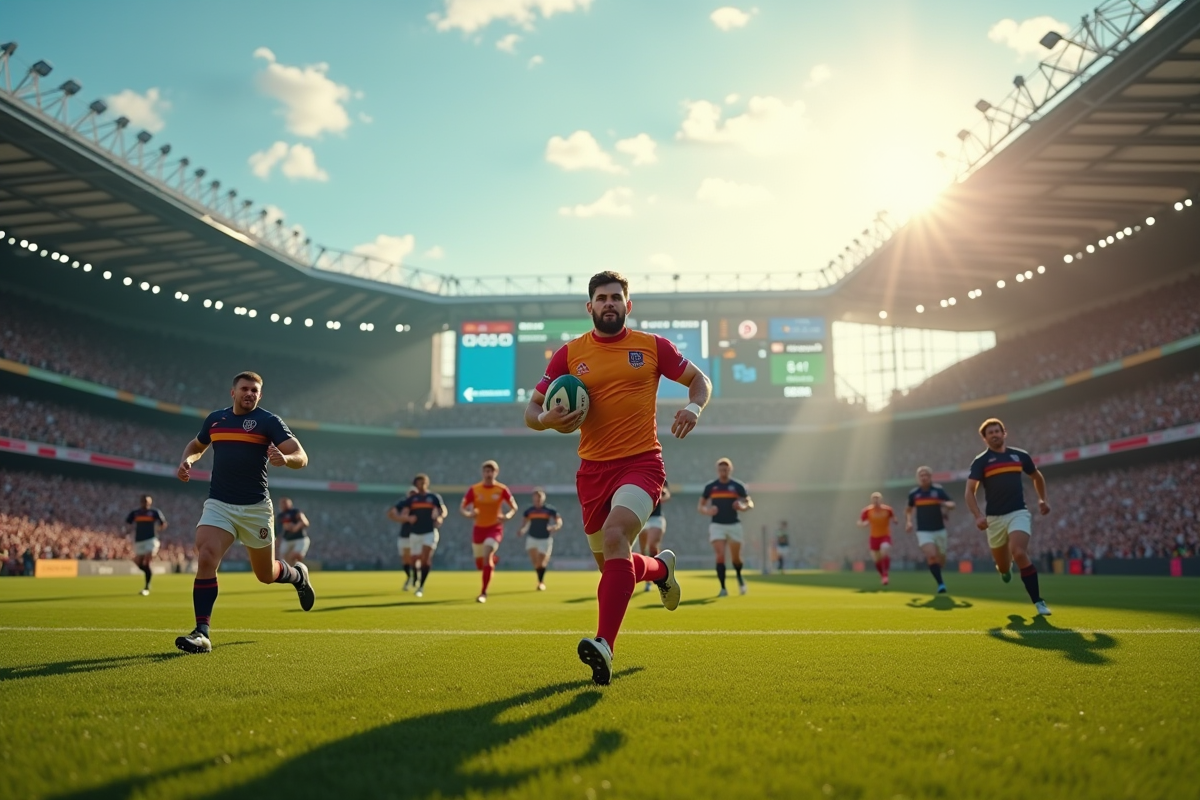 Match de rugby en cours avec joueurs en maillots colorés sur le terrain ensoleille
