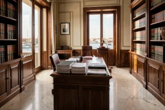 Vue d'ensemble d'un cabinet d'avocats professionnel à Toulon avec bibliothèque juridique et vue sur le port
