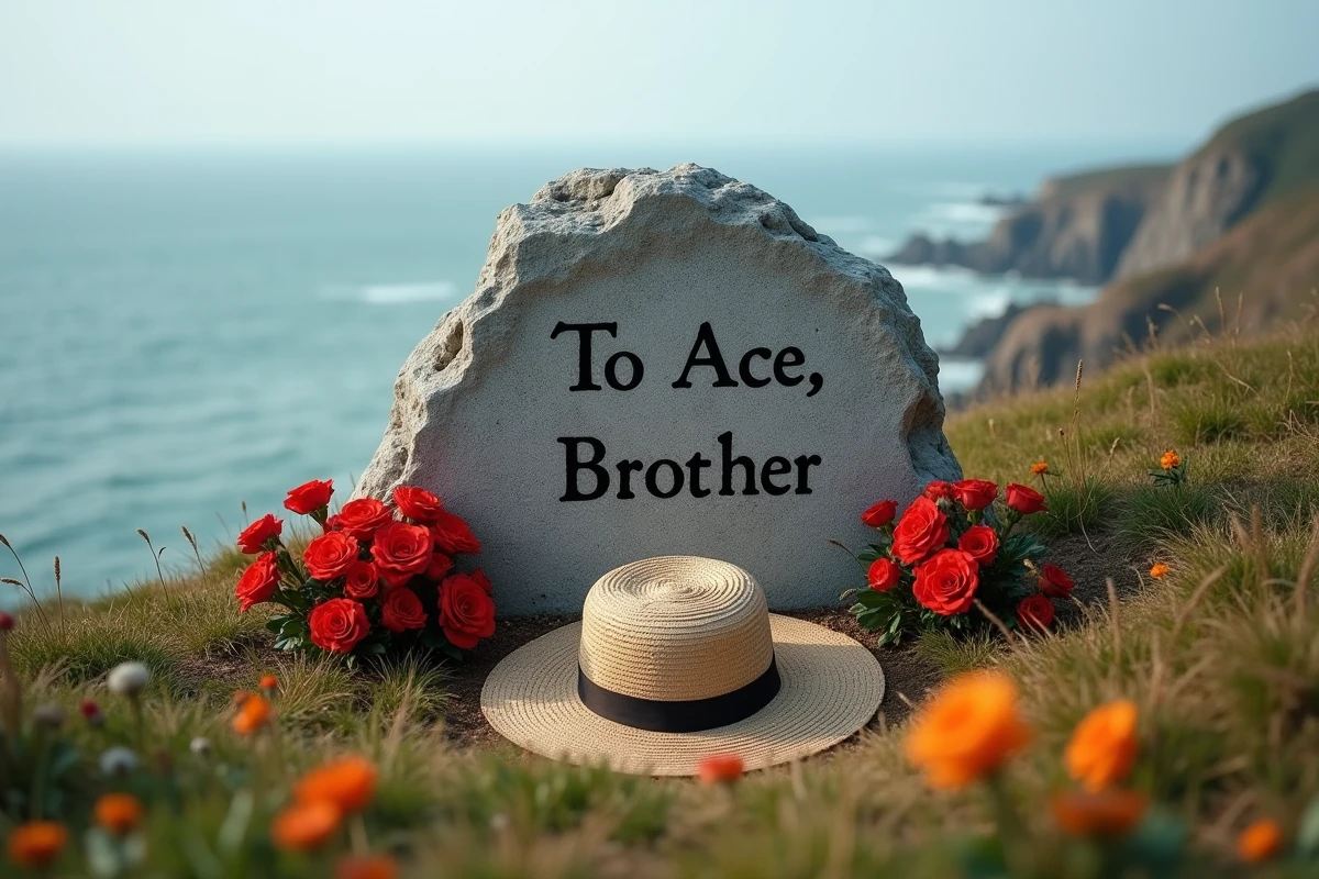 Mémorial avec fleurs et chapeau en bord de mer