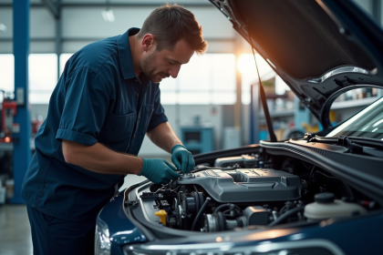 Moteur de voiture moderne examiné par un mécanicien dans un garage propre