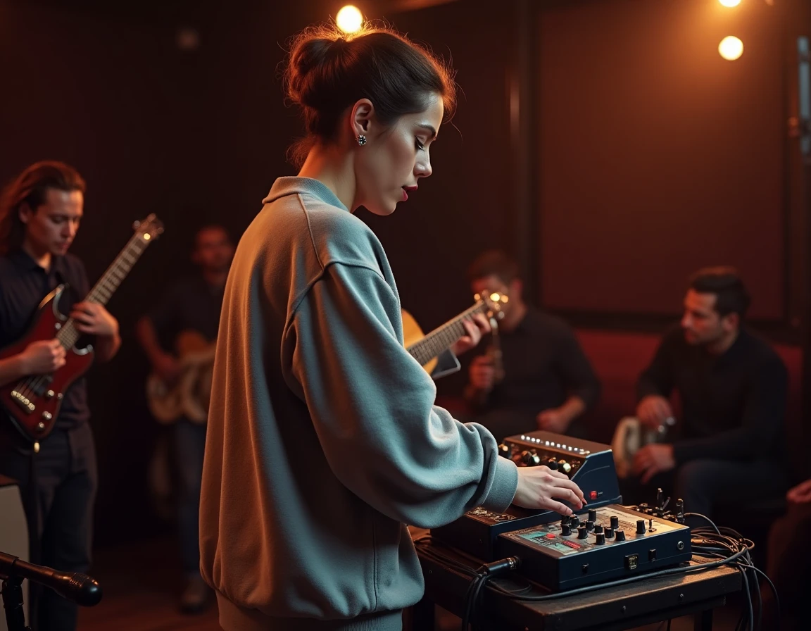 Musicienne en concert utilisant un pedalboard avec le BOSS RC-30 dans une salle de musique