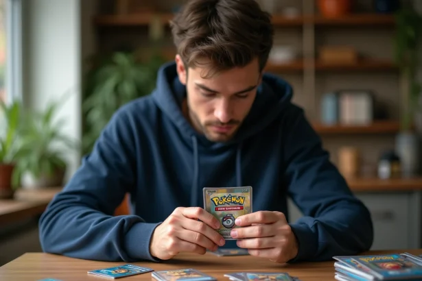 Joueur adulte ouvrant un booster Pokémon ETB Aventure Ensemble à une table en bois couverte de cartes et accessoires de jeu