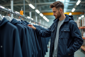 Jeune homme inspectant des hoodies dans une usine textile moderne