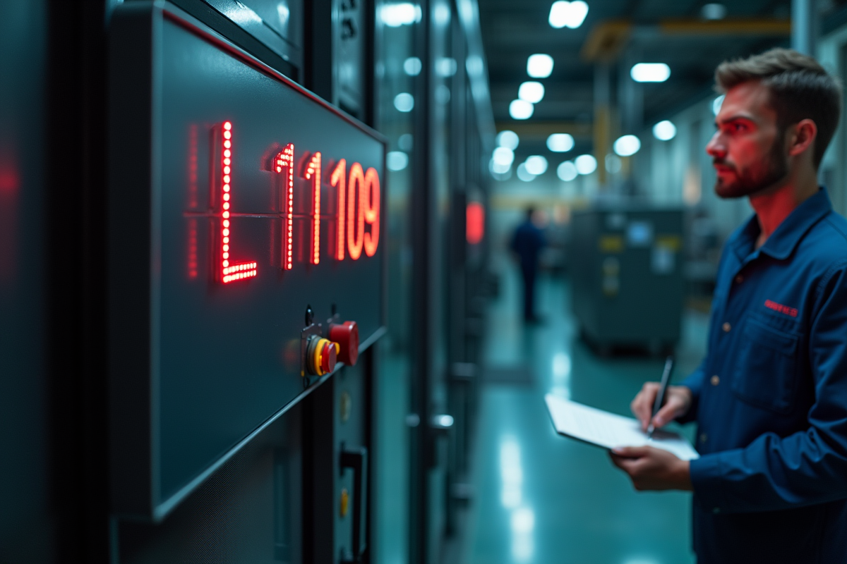 Technicien analysant un panneau de contrôle industriel avec erreur L1109
