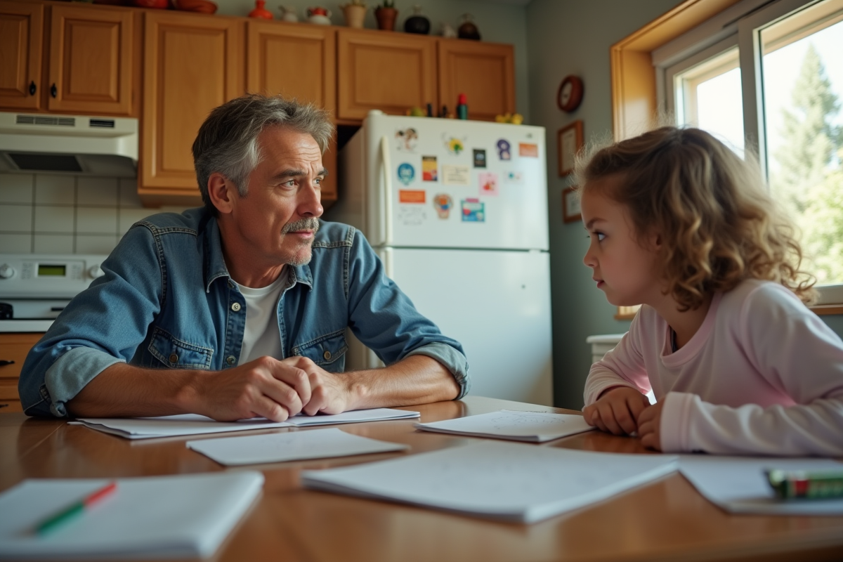 Père et fille adolescente à la cuisine avec devoirs et collations