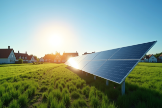 Parc solaire moderne en Normandie avec maisons à colombages
