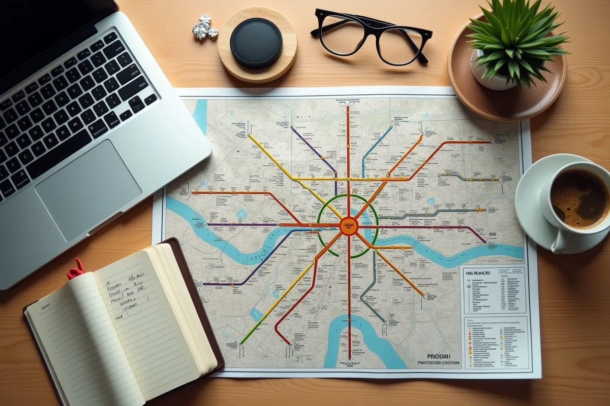 Plan du métro parisien ouvert sur un bureau avec un café et un carnet de notes pour planifier un trajet via la Ligne 14