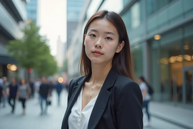 Portrait éditorial d'une jeune femme élégante dans un espace urbain moderne, style photo de presse