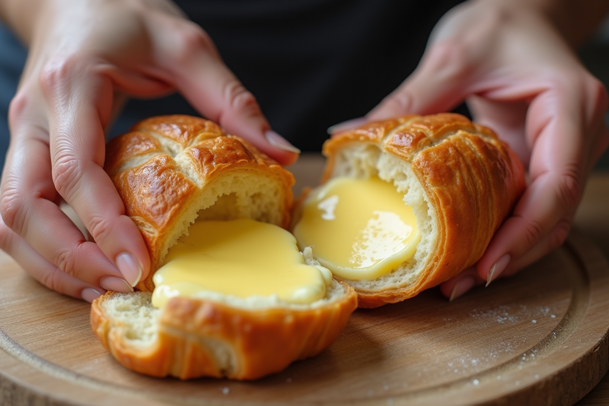 Mains d’un boulanger étalant beurre sur un croissant en gros plan