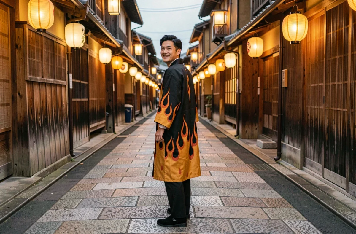 Jeune homme en manteau aux motifs de flammes marchant dans une ruelle traditionnelle de Kyoto au crépuscule, illustration du thème de l'honneur et du sacrifice central à l'arc de Rengoku dans Demon Slayer