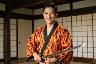 Jeune homme en haori japonais aux motifs de flammes tenant un katana dans un dojo traditionnel, incarnant le personnage de Rengoku de Demon Slayer