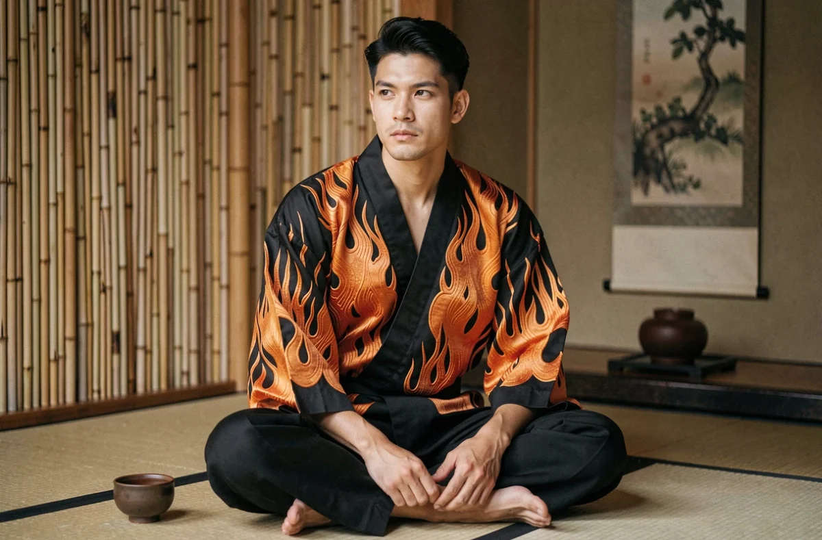 Homme en tenue japonaise traditionnelle assis en méditation dans un salon de thé japonais, évoquant la sagesse et la profondeur du pilier des flammes Rengoku dans Demon Slayer