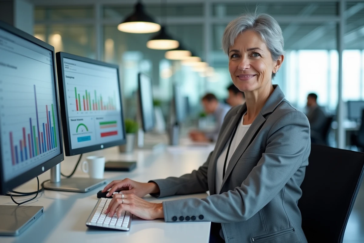 Responsable qualité analysant des tableaux de bord de contrôle qualité sur ordinateur dans un bureau d'entreprise industrielle