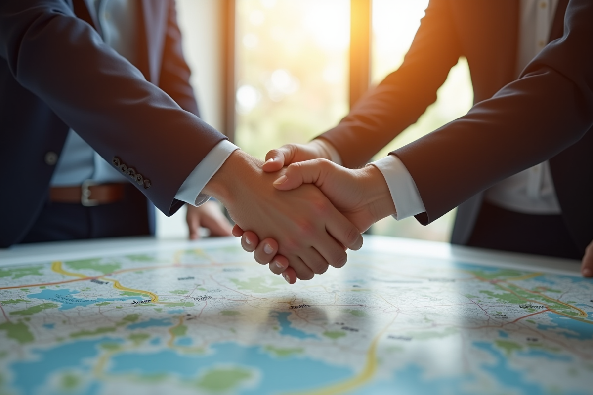 Gens se serrant la main sur une carte urbaine ensoleillée