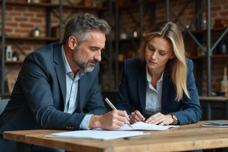 Homme et femme en blazer et jeans en pleine concentration