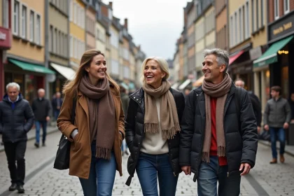 Groupe de jeunes et seniors dans une rue animée de Rennes