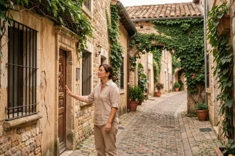 Femme explorant une ruelle pavée aux murs en pierre dorée à Eauze dans le Gers