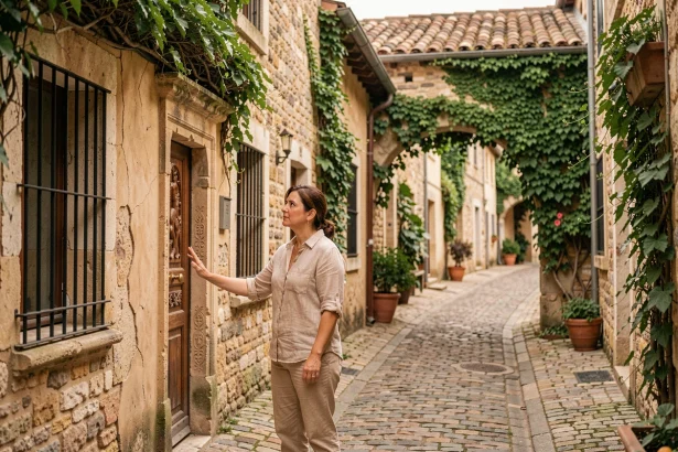Femme explorant une ruelle pavée aux murs en pierre dorée à Eauze dans le Gers