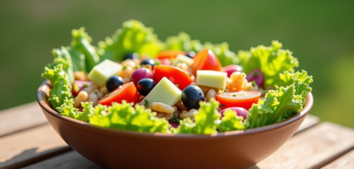 Salade d'été appétissante dans un bol sur une table en bois