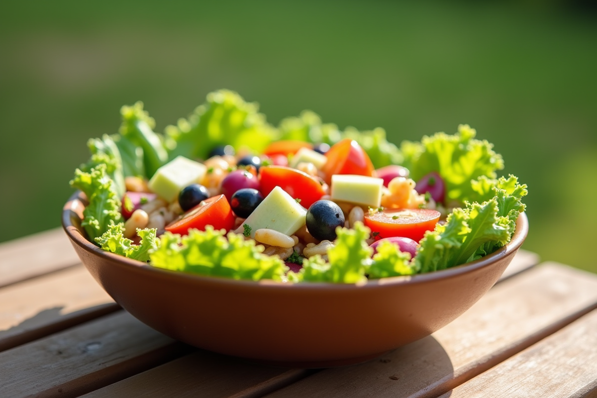 Salade d'été appétissante dans un bol sur une table en bois