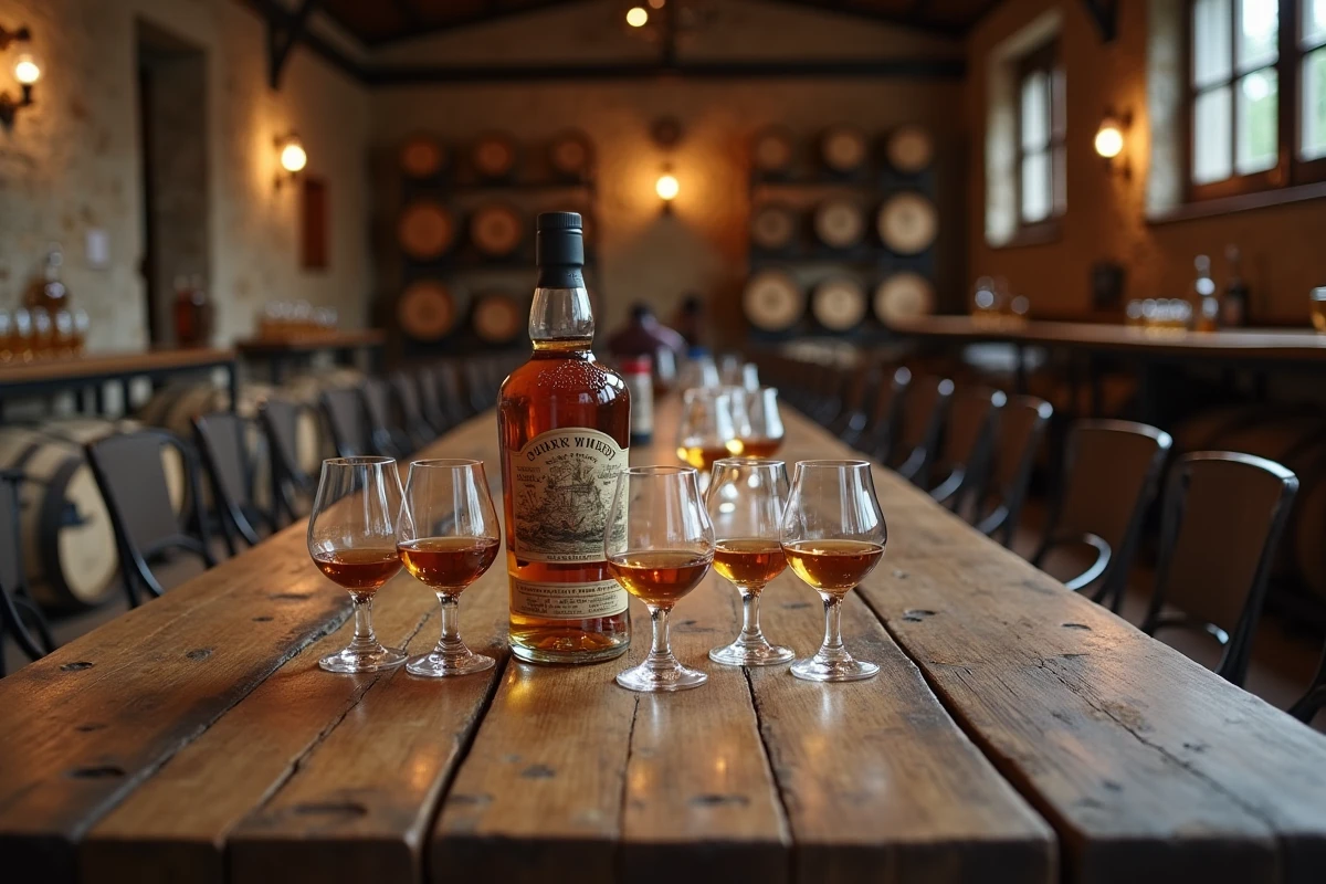 Salle de dégustation d'une distillerie écossaise avec verres de whisky en tulipe et bouteille vintage sur table en bois brut devant un mur en pierre
