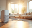Salon moderne lumineux avec mobilier minimaliste et purificateur d'air