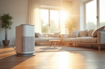 Salon moderne lumineux avec mobilier minimaliste et purificateur d'air