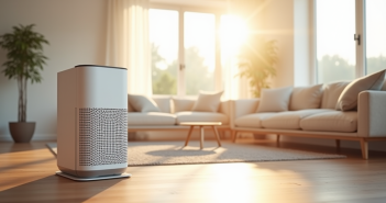 Salon moderne lumineux avec mobilier minimaliste et purificateur d'air