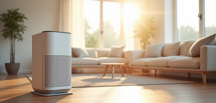Salon moderne lumineux avec mobilier minimaliste et purificateur d'air