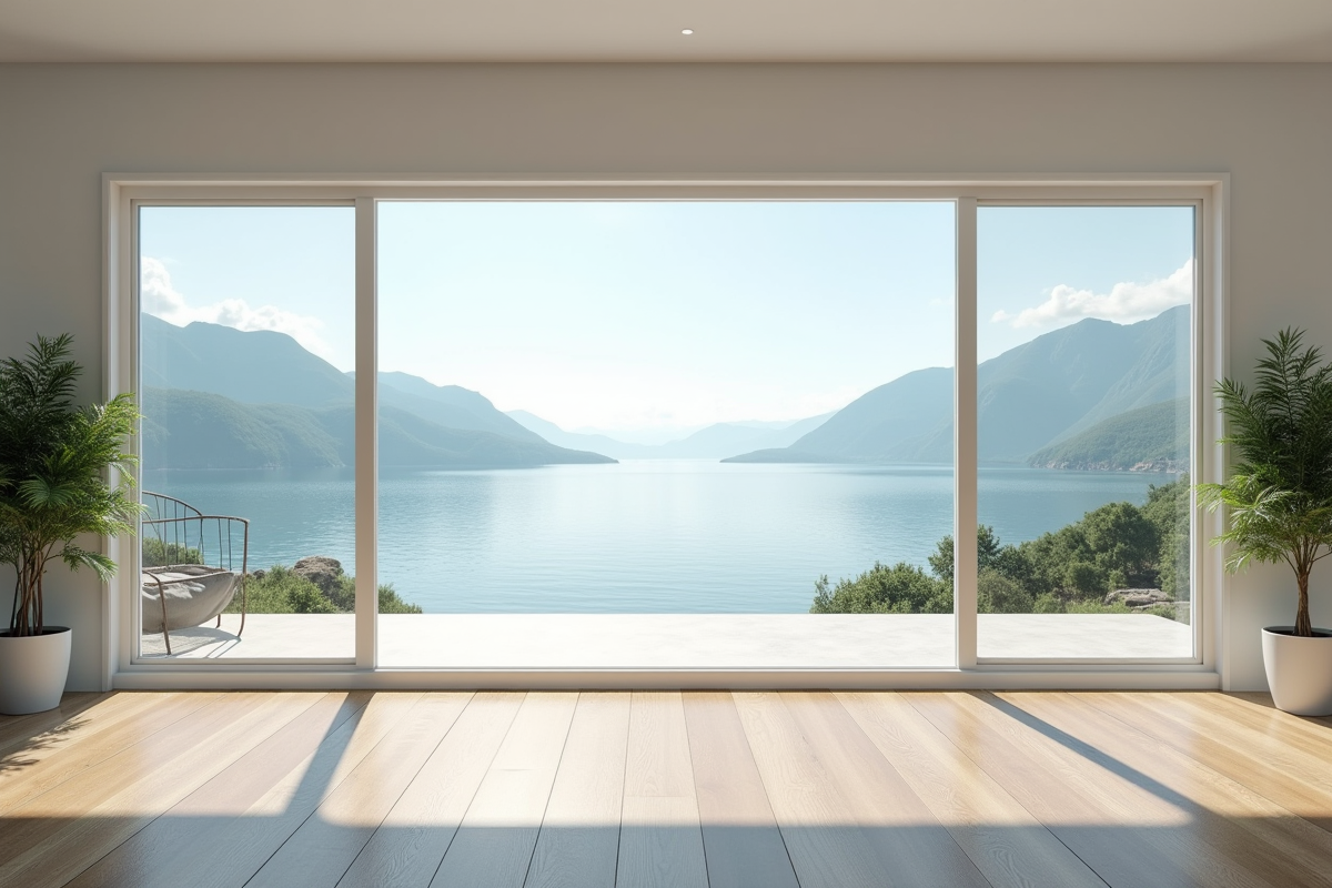 Salon lumineux avec vue sur la mer ou la montagne et grande fenetre