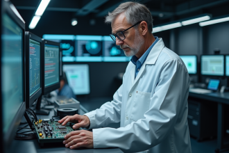 Scientifique en blouse ajustant un ordinateur quantique dans un laboratoire