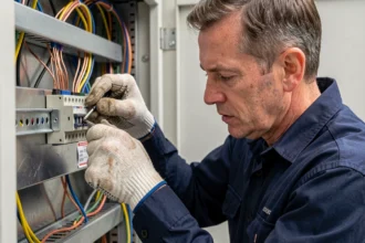 Électricien serrant une borne de connexion électrique sur rail DIN dans un tableau industriel avec un tournevis plat