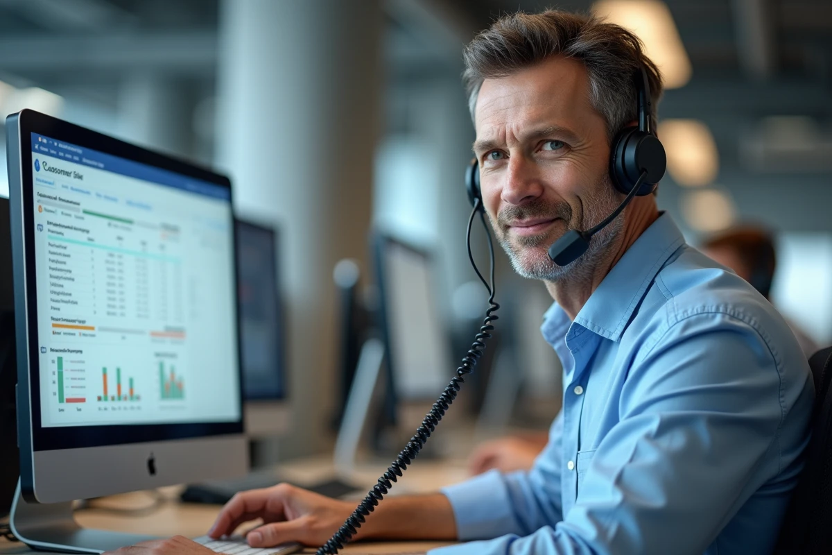 Conseiller service client GLS au téléphone devant un écran de suivi de colis dans un centre d'appels