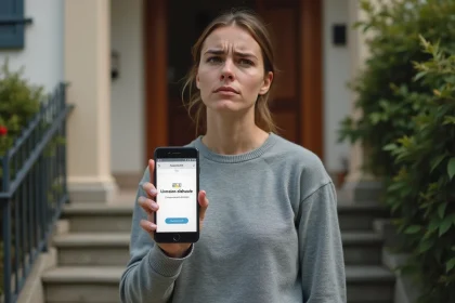 Femme tenant un smartphone affichant un suivi de colis GLS avec statut de livraison échouée devant sa porte