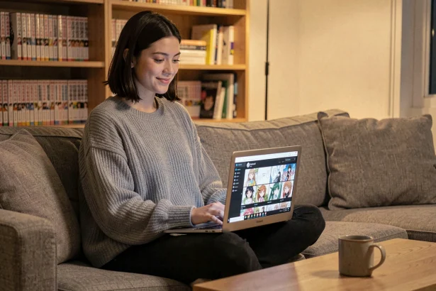Jeune femme suivant ses séries anime sur un site de streaming manga depuis son canapé avec un laptop ouvert